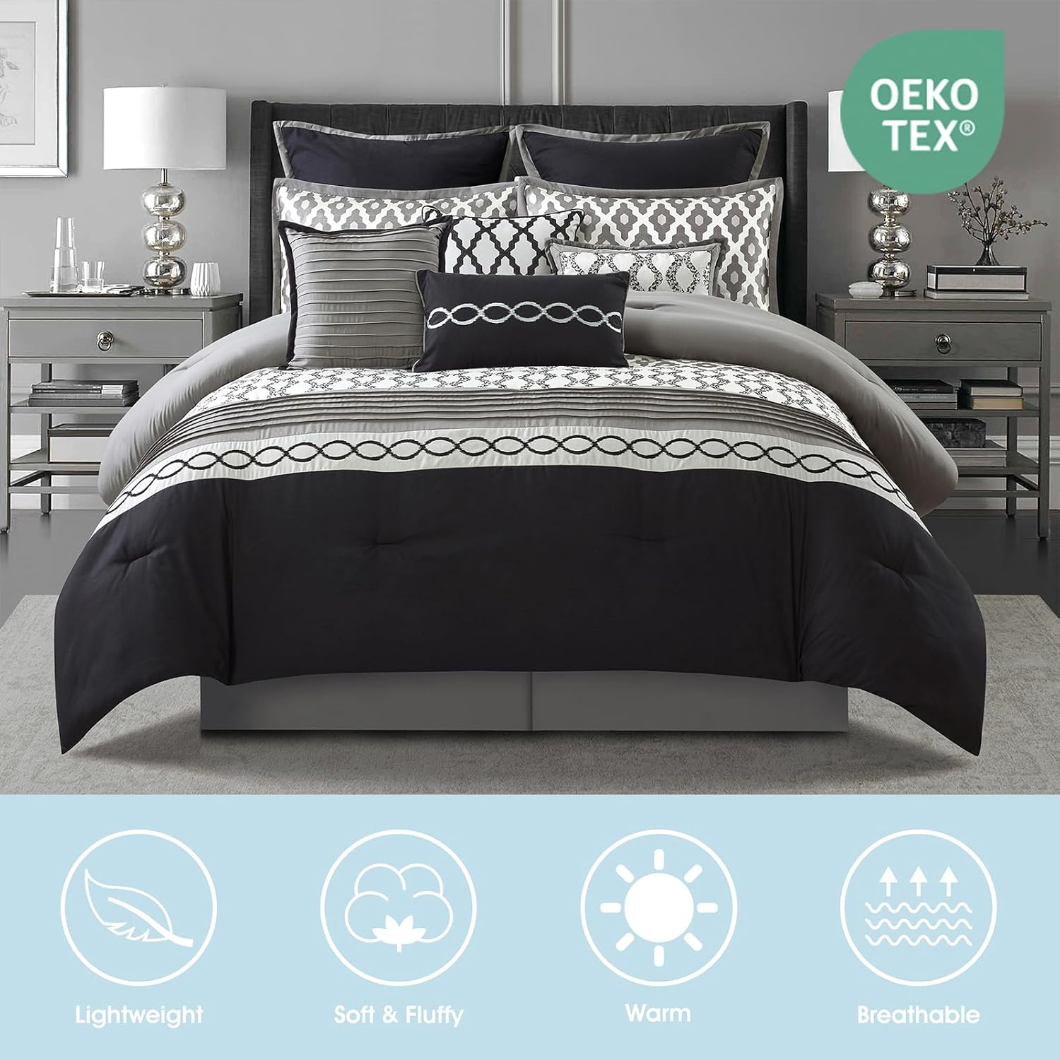 California King Comforter Set, Black, 10 Piece Bed in a Bag for All Seasons, Luxury Extreme Comfort Bedding Sets with Bedskirt, Pillow Shams, Euro Shams and Decor Pillows Black California King