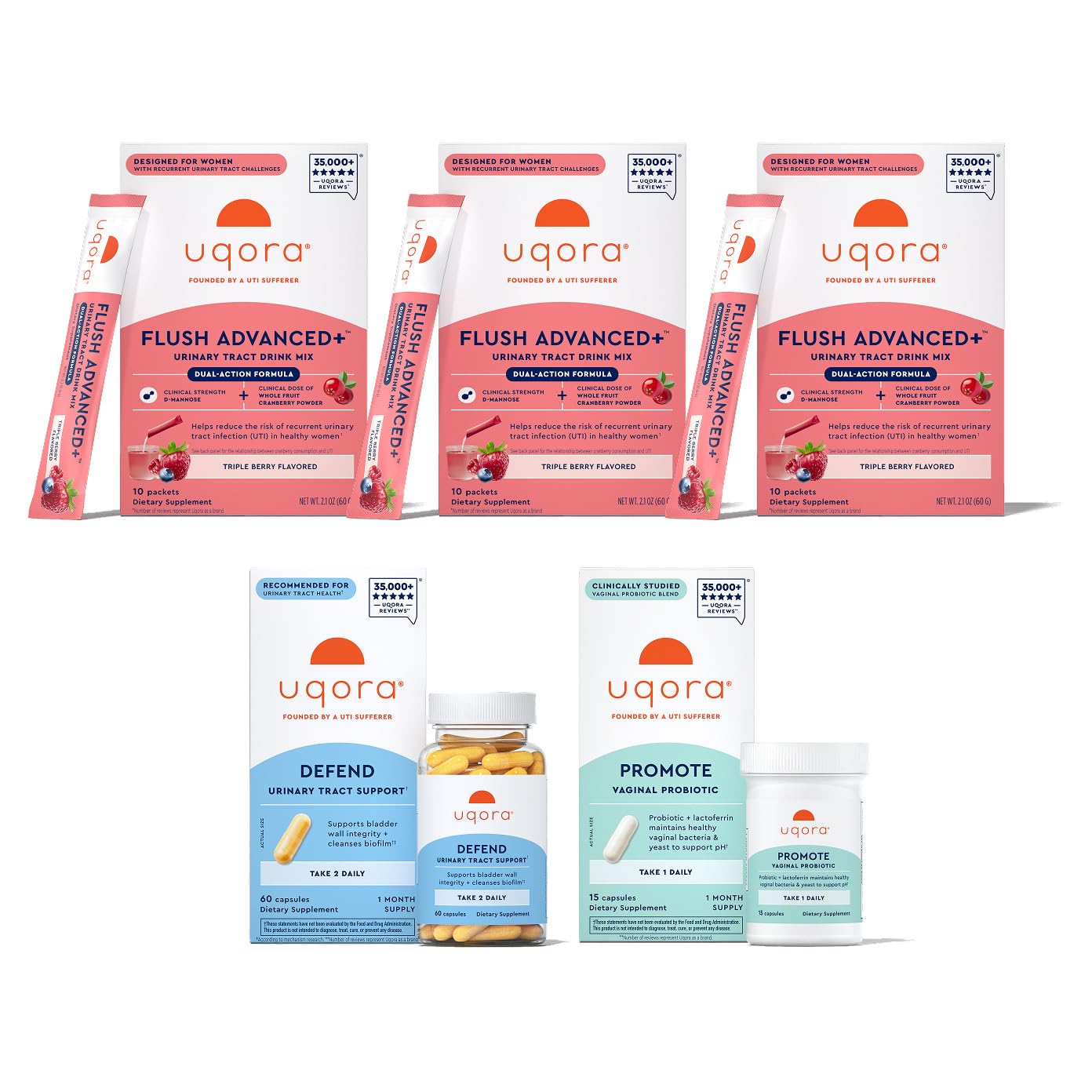 Uqora Flush Advanced+ Regimen with Flush Advanced+ (3 Pack) - Cranberry to Reduce Risk of Recurrent UTI** - Defend & Promote - D-Mannose, Vitamin C, Green Tea Extract & Probiotics - 3-Part Bundle