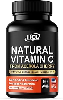 Natural Vitamin C from Organic Acerola Cherry - High Absorption - with Garlic Ginger & Citrus Bioflavonoids - Immune System & Collagen Booster - Anti Aging Skin Vitamins