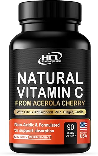Natural Vitamin C from Organic Acerola Cherry - High Absorption - with Garlic Ginger & Citrus Bioflavonoids - Immune System & Collagen Booster -
