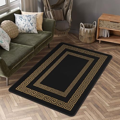 AreaRugs - Alfombra con patrón griego antiguo negro y dorado, alfombra moderna y clásica de borde geométrico, alfombra de decoración del hogar, 2 x