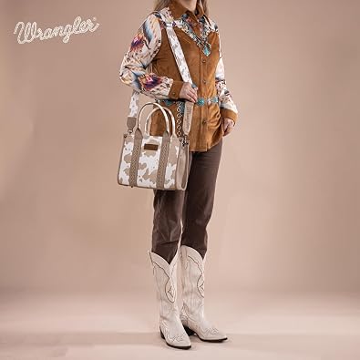 Wrangler Cow Print Tote Bag for Women Western Purse Boho Top Handle Satchel Handbag with Signature Strap