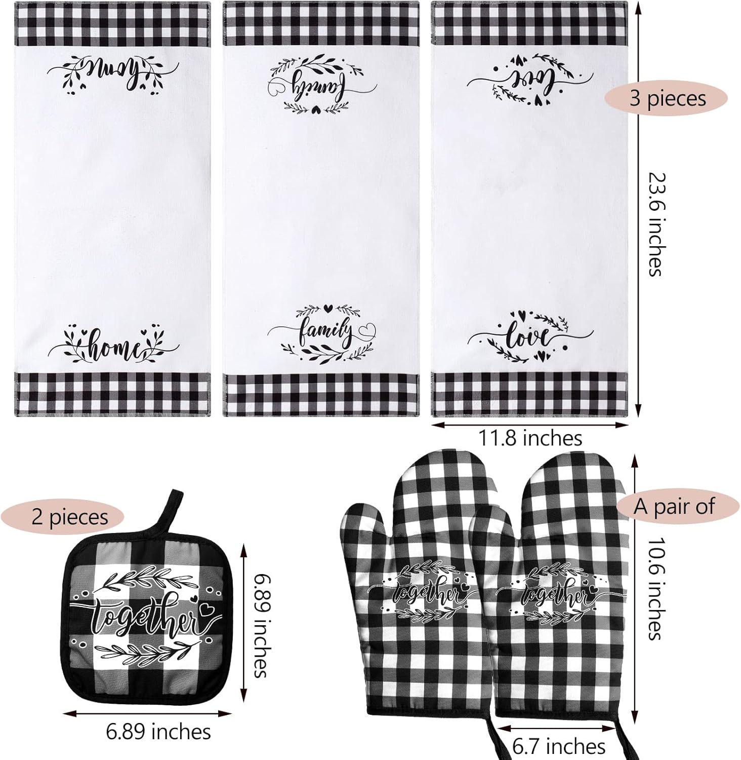 7 Pcs Christmas Black White Buffalo Plaid Kitchen Towels Checkered Kitchen Oven Mitts and Pot Holders Checkered Potholders Set Dish Towel Non Slip Farmhouse Decoration for Cooking Baking BBQ(Vintage) - Image 2