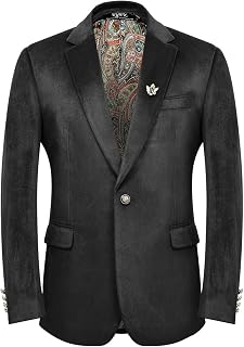 Men's Casual Velvet Blazer for Men one-Button Lapel Tuxedo Jacket with Brooch Dinner Party Wedding Prom