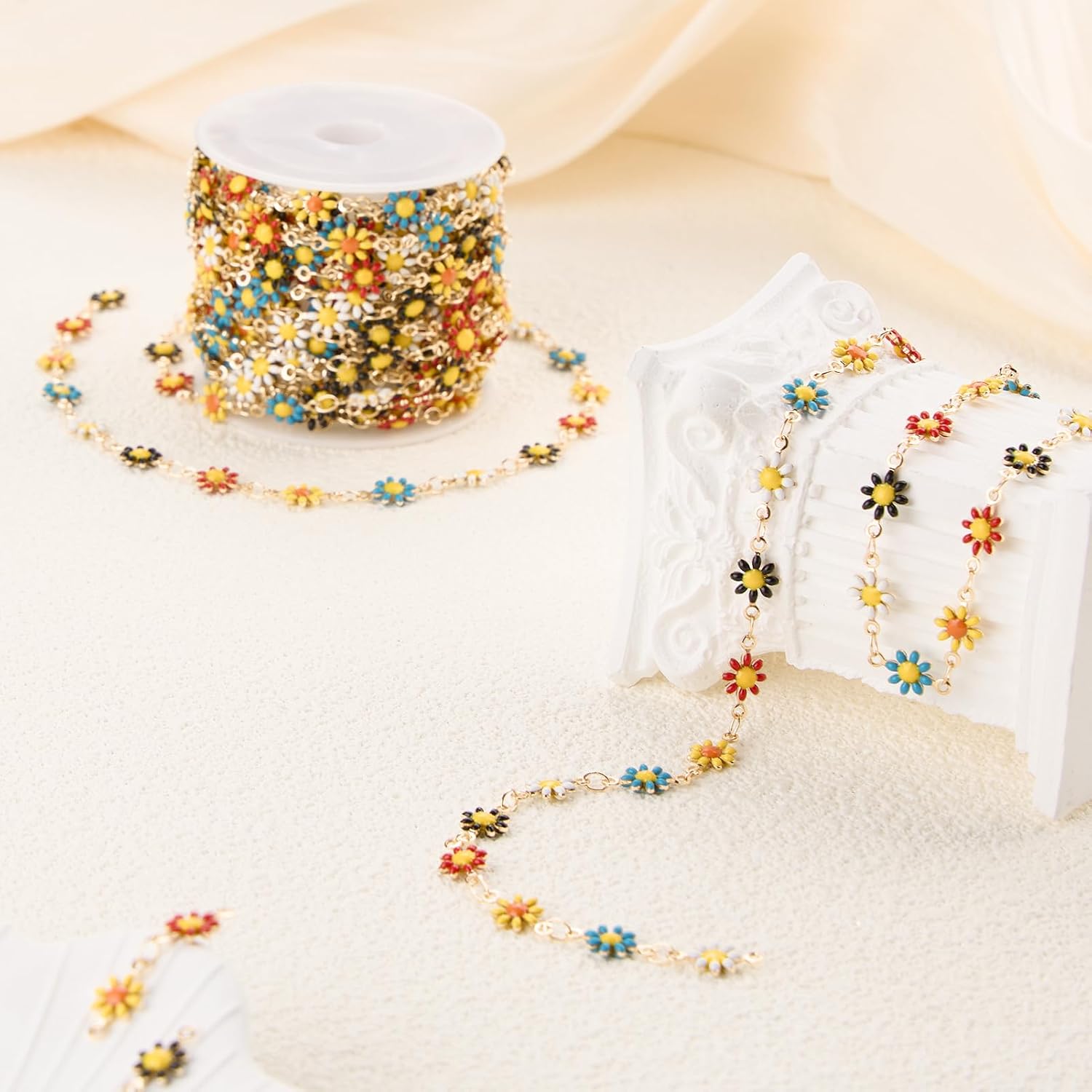 5 Meters Colorful Daisy Chains for Jewelry Making Mixed Color Enamel Flower Chains Bulk for Women Necklace Bracelet Anklet DIY Jewelry Supplies Findings
