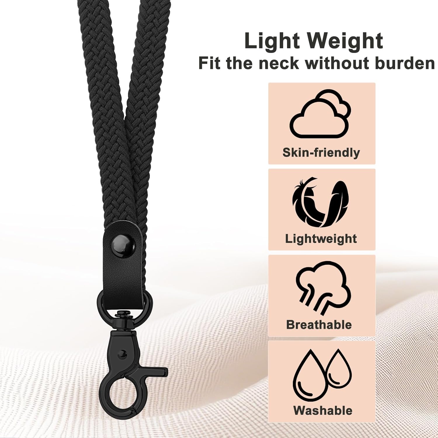 Fishent Stretchy Thin Lanyards for Keys ID Badges, Cute Long Teacher Neck Key Lanyard Keychains for Women Men Wallet Phone(Black) - Image 3