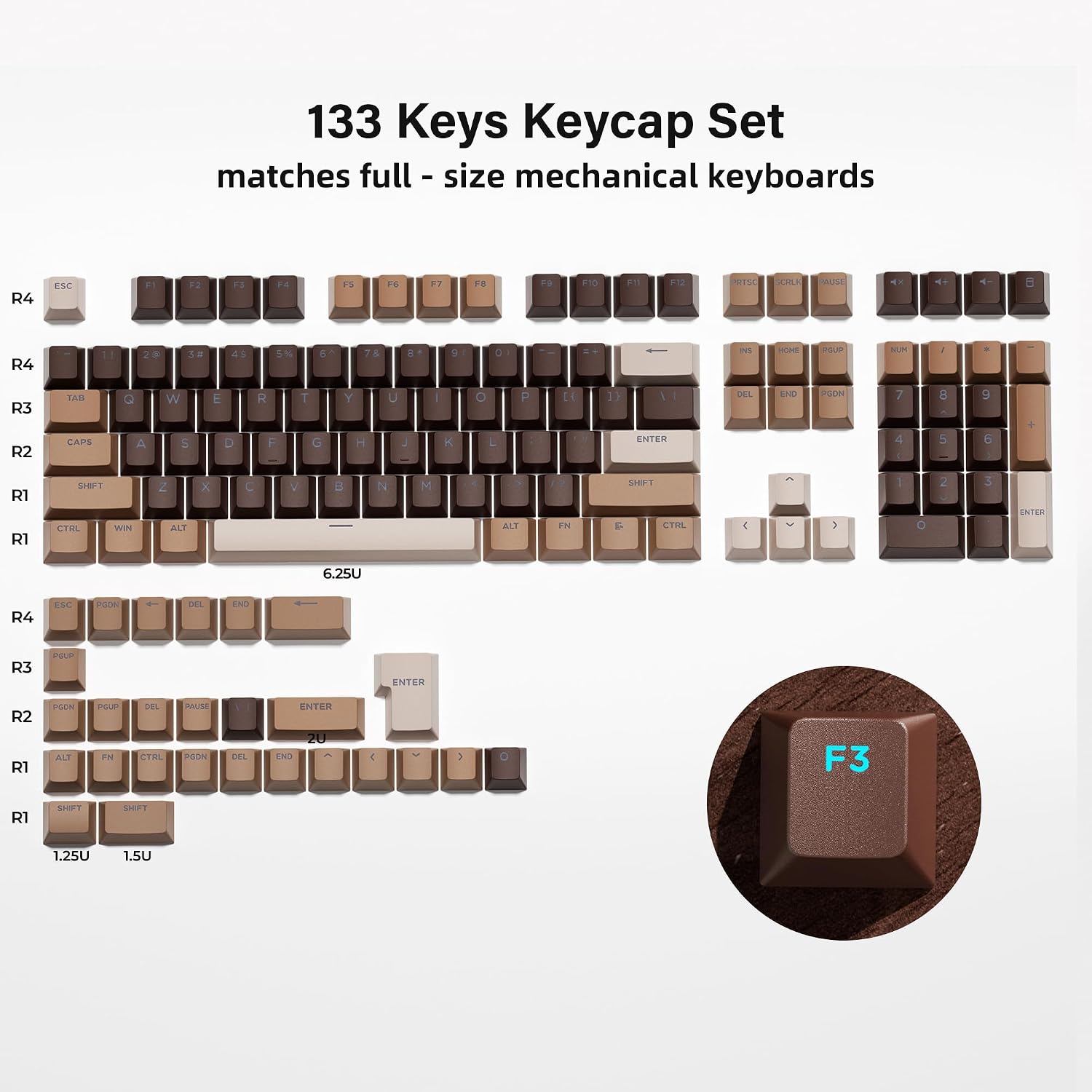 OHY XVX Shine Through Keycaps -133 Keys Cherry Profile Double Shot PBT Keycaps Compatible for 60%/75%/100% Retro Gaming Mechanical Keyboard-Coffee Brown image 3