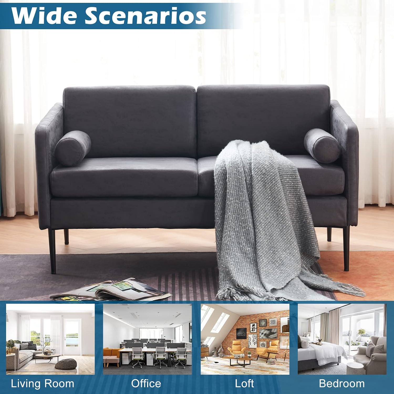 VINGLI 52" W Deep Couches for Living Room, Mini Modern Mid Century Tufted Futon Sofa Loveseat Industrial Microfiber 2 Barrel/Bucket Seater Sofas for Bedroom, Office, RV, Loft, Small Spaces, Dark Grey