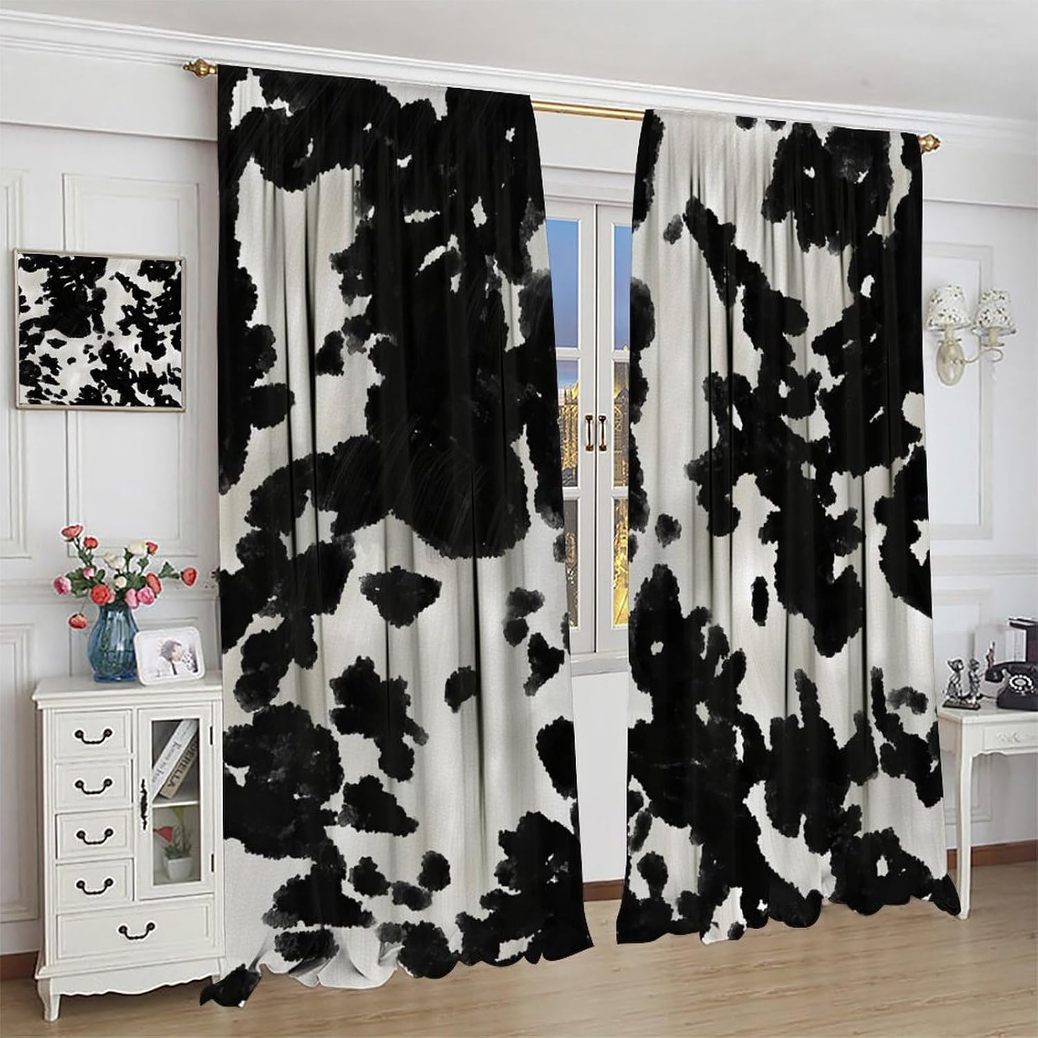 Cowhide Curtains, Cowhide Printed Graffiti Creative Rustic Window Treatments, Bedroom Living Room Blackout Rod Pocket Curtains42X54 Inch