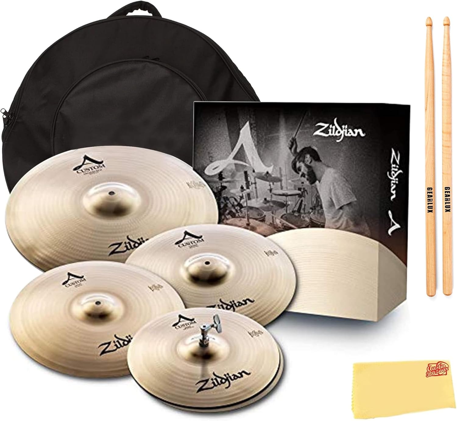 Zildjian A20579-11 A Family Custom Cymbal Pack Bundle with Cymbal Bag, Drumsticks, and Austin Bazaar Polishing Cloth