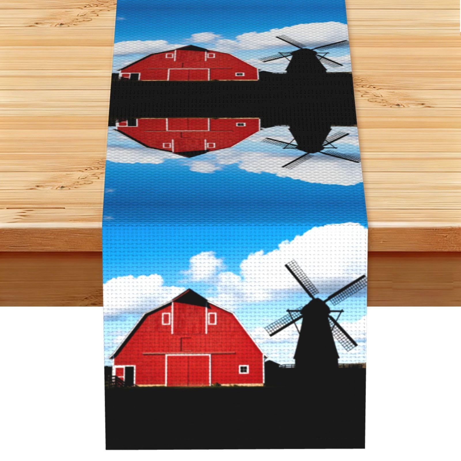 Barn Windmill Farm Linen Look Table Runner 13x72-Wrinkle Resistant Farmhouse Style for Dining Table Decor