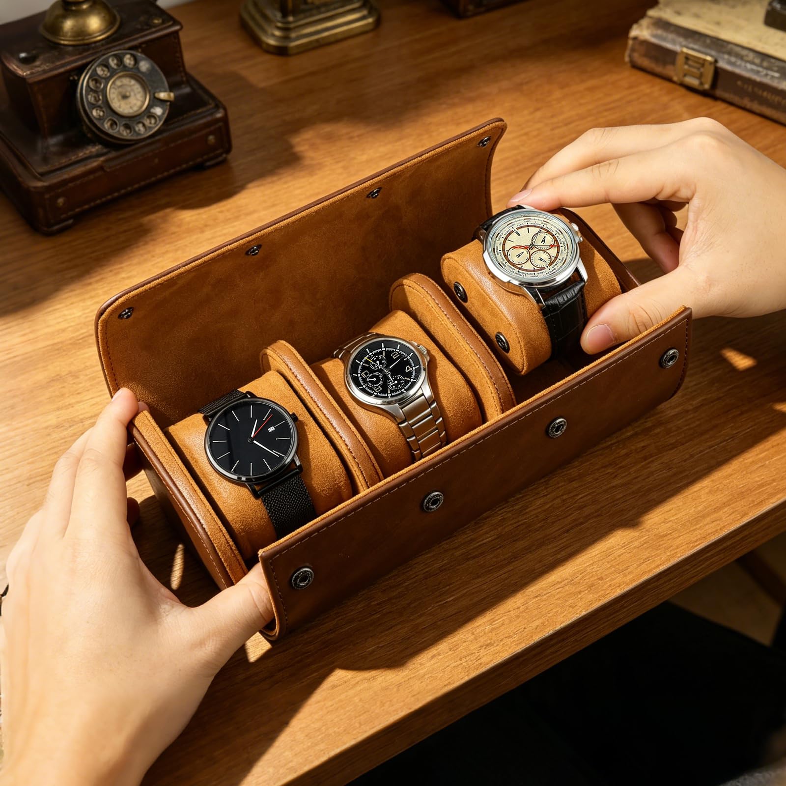 VILLCASE Boîte de Rangement pour 3 Montres, Étui de Voyage Portable en Cuir PU, Rouleau de Transport avec Coussins Souples, Coffret Cadeau Homme - Marron