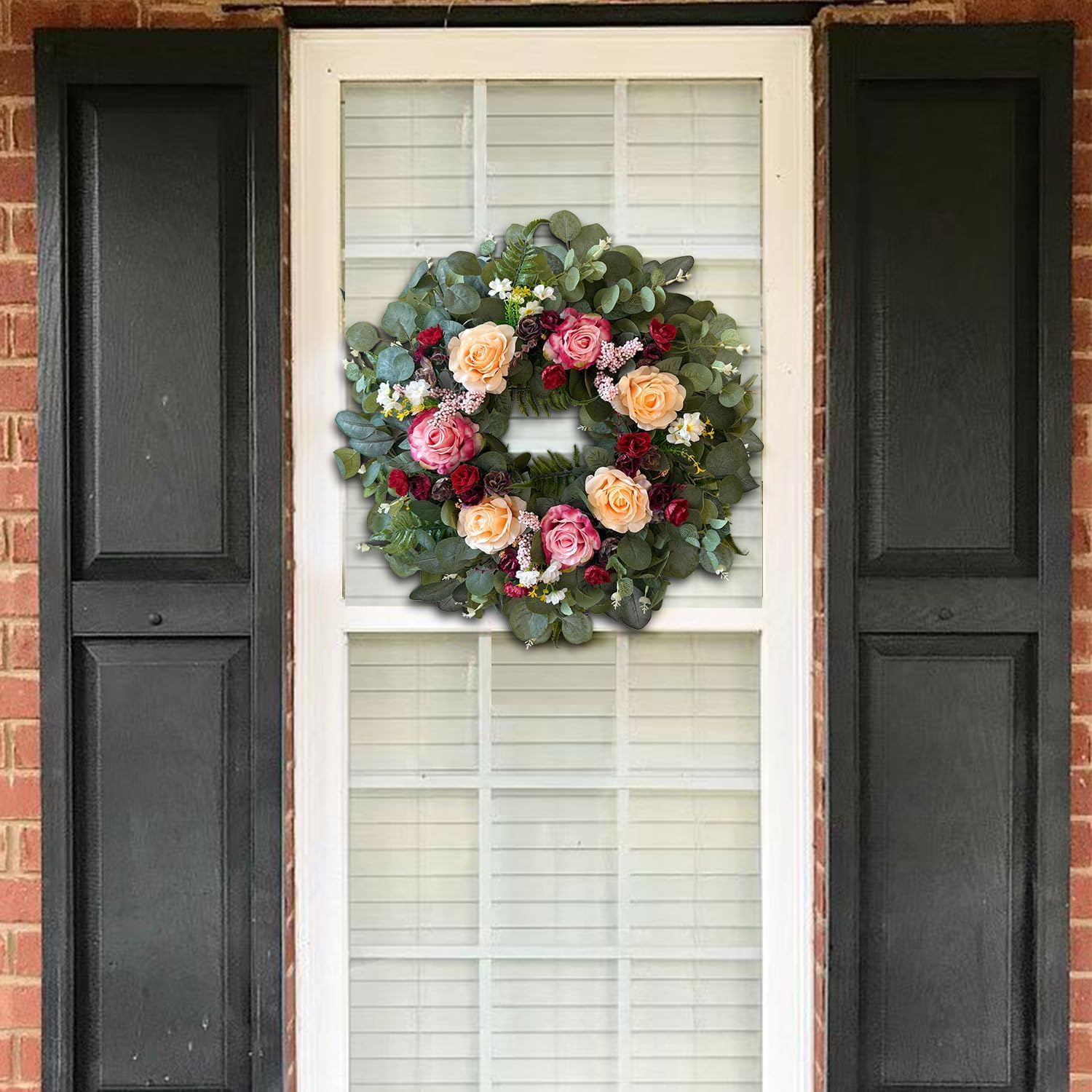 WANNA-CUL 24 Inch Large Spring Rose Wreaths for Front Door,Spring Front Door Wreath with Pink and Wine Red Floral Door Wreath with Eucalyptus Leaves for Wedding or Indoor&Outdoor Decorations