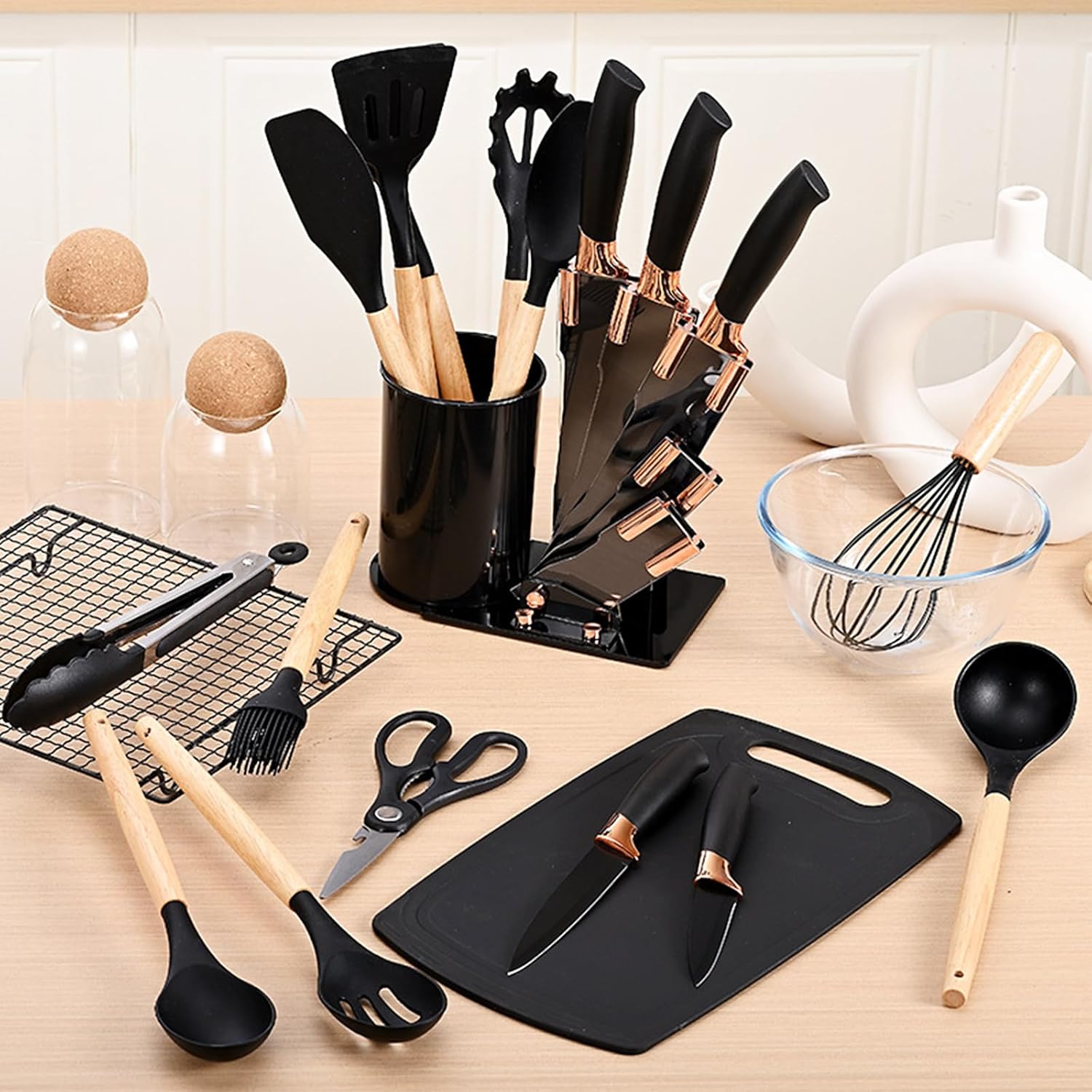 Kitchen Utensil Set,20 Pieces Kitchen Stainless Steel Knives Set Silicone Cooking Utensil with Wooden Handles,Home Kitchenware Accessories Cookware with Stand Block (Black)