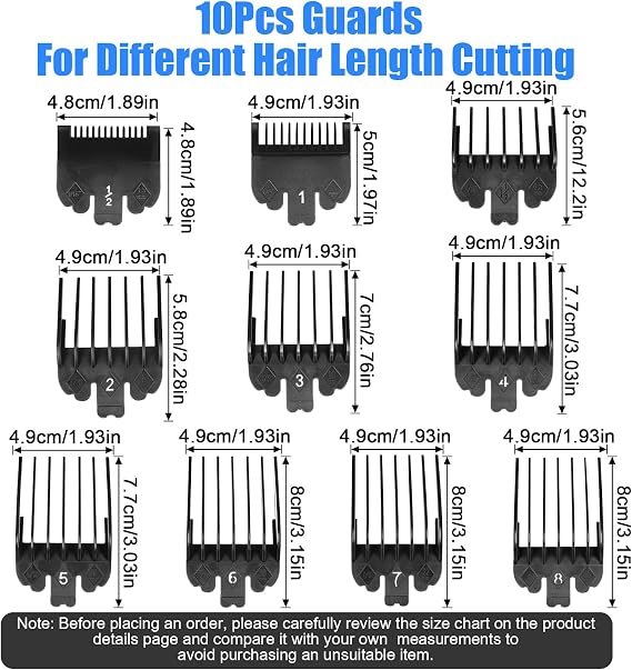 10 Pcs Clipper Guards Set Fits for Most Wahl Clippers and Babyliss FX870, Professional Hair Clipper Combs Guides Replacement, 1/16 to 1 Size Range, Black