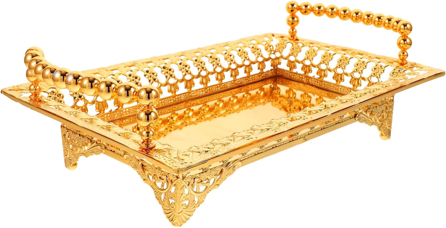 Ipetboom Fruit Plate Iron Fruit Serving Tray Rectangle Appetizer Platters Glitter Party Tray Nordic Style Dry Nut Dish with 2 Handle Veggie Candy Bowl for Table Dessert Snack Golden, 10.6X7.1X2.4in