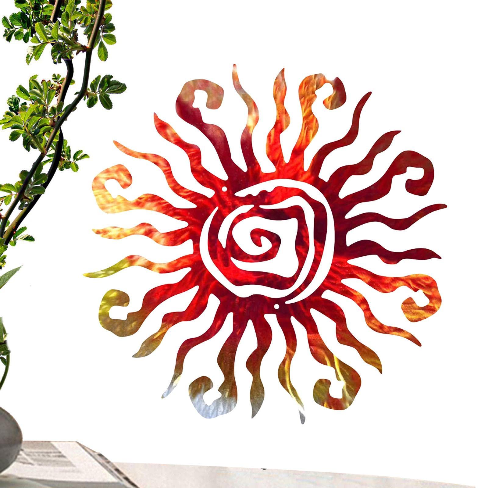 Piomoner Metal Sun Wall Art Decor, Wacky Sun Wall Art, Sun Wall Plaques, 18 Inch Outdoor Sun Wall Art, Sun Wall Sculpture Waterproof Rust Proof Non-Fading For Garden Patio Farmhouse Home, red