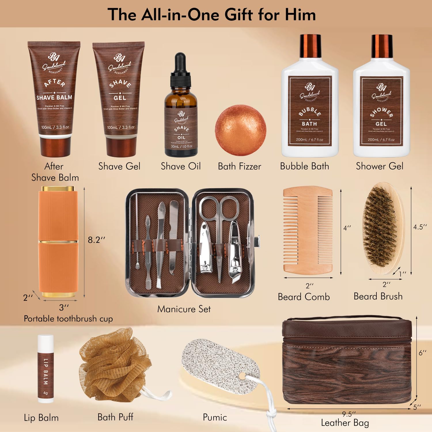 Valentines Day Gifts for Men, 21 Pcs Sandalwood Bath & Body Care Kit, Beard Gift Set for Men, Shave Beard Kit, Leather Bag, Home Spa Kit, Relaxing Men's Gift Basket, Birthday, Father's Day Gift - Image 2