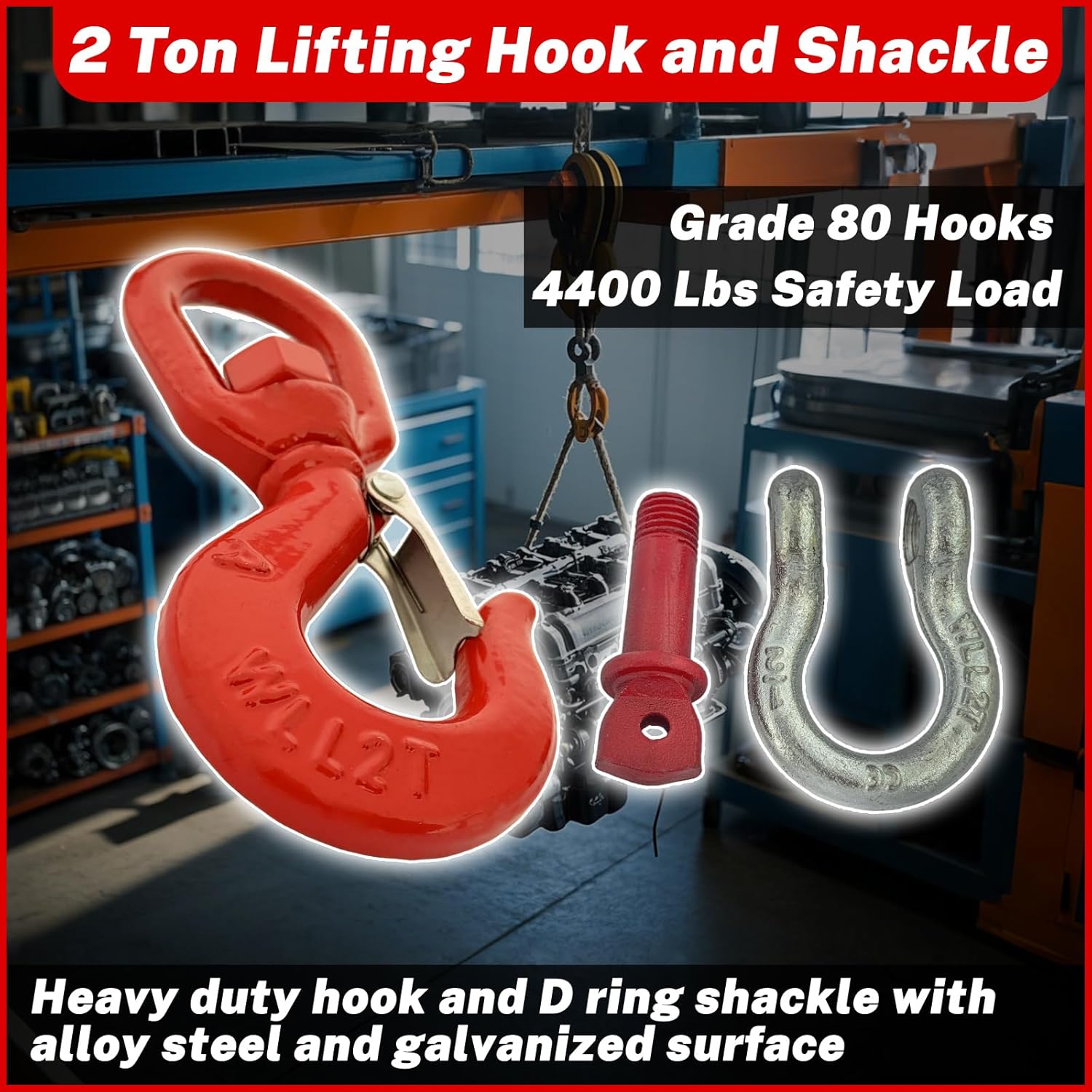 HENBOW 2 Ton Swivel Hooks and D Ring Shackle,G80 Weight Lifting Hooks with 1/2" Shackle,4400Lbs Safety Load Limit,Heavy Duty Alloy Steel Round Rotating Trailer Chain Hooks - Image 2