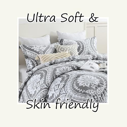 Miniatura 4 de Bedduvit Juego de funda de edredón de damasco tamaño King, 100% algodón, tamaño King, transpirable, minimalista, con cierre de cremallera y 8 lazos