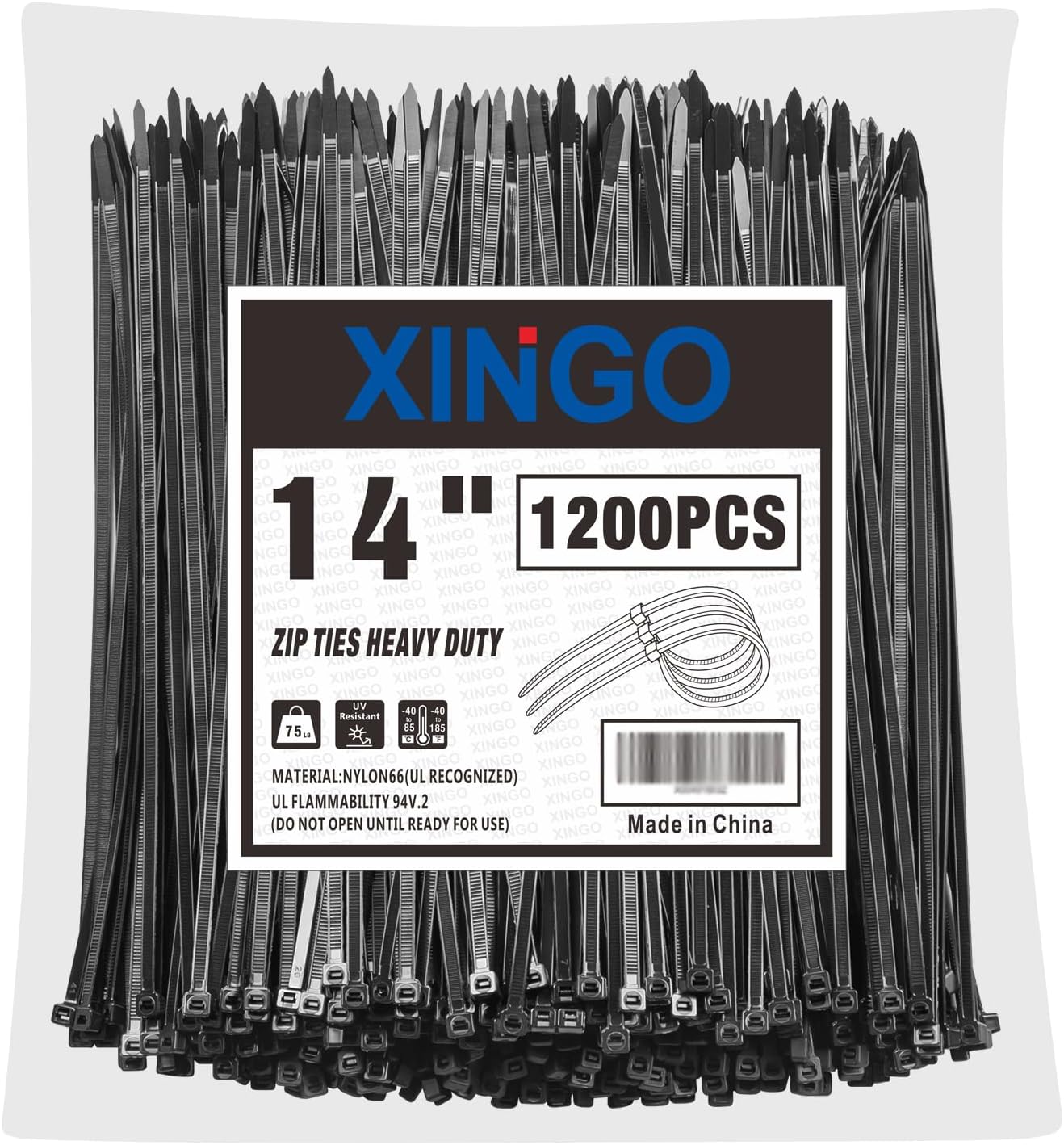 14 Inch Black Zip Ties 1200 PCS, 75 LBS Tensile Strength, UV Resistant Cable Ties, Premium Self-locking Plastic Ties for Indoor and Outdoor Use