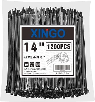 XINGO 14 Inch Black Zip Ties 1200 PCS, 75 LBS Tensile Strength, UV Resistant Cable Ties, Self-locking Plastic Ties for Indoor and Outdoor Use
