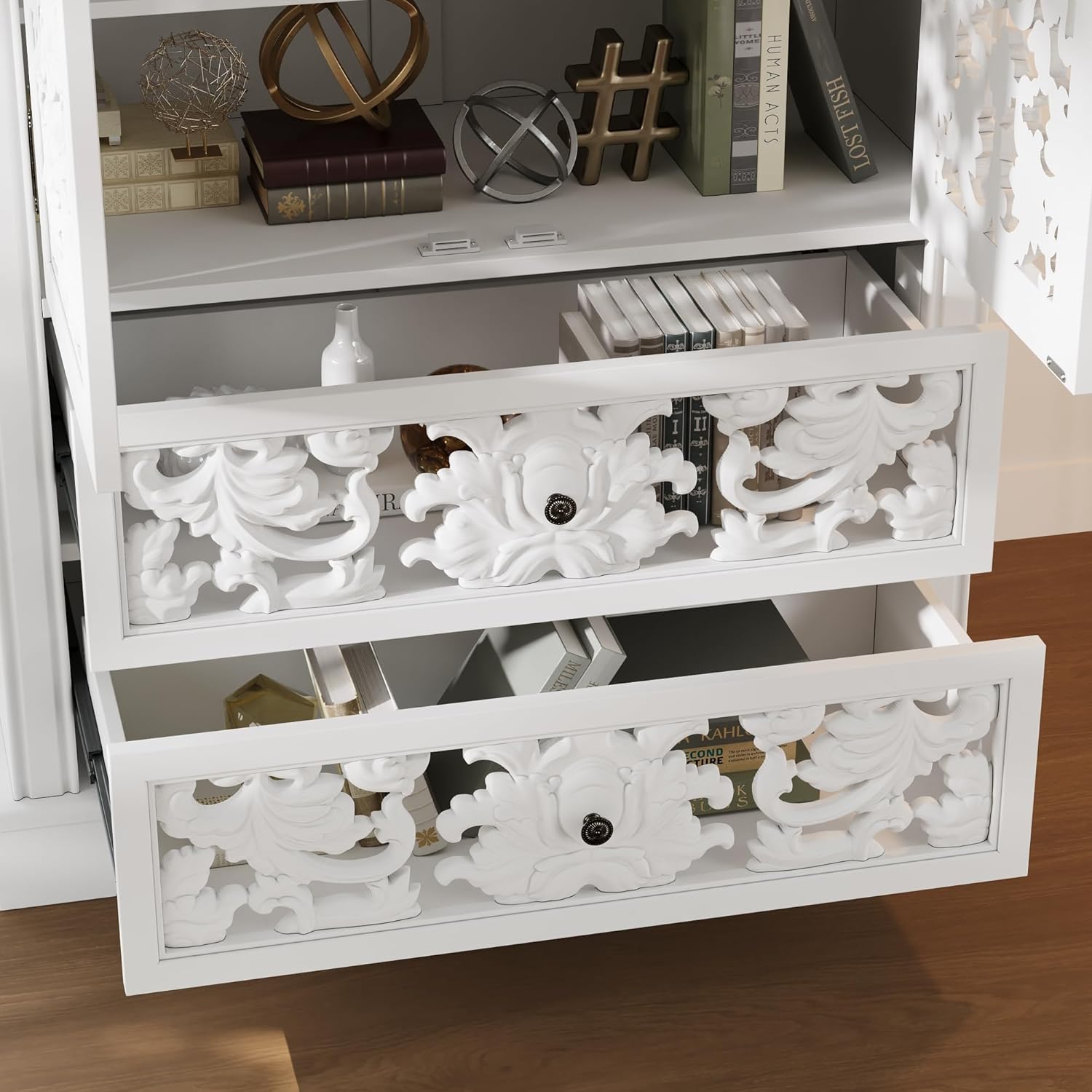 66.1" Tall Storage Display Cabinet, Handmade Hollow Carved Cabinet, Vintage Accent Storage Sideboard with 2 Drawers & 5-Tier Shelves for Living Room, White