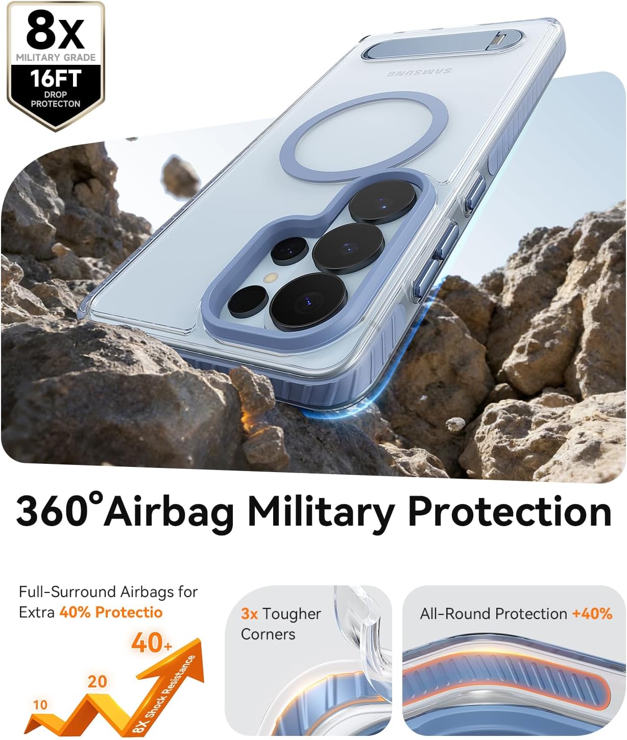 JUESHITUO Magnetic Stand for Samsung Galaxy S26 Ultra Case Clear, Fit for MagSafe, 16FT Military-Grade Protection,with Privacy Screen ProtectorX1,Camera Guard for S26 Ultra Case-Blue