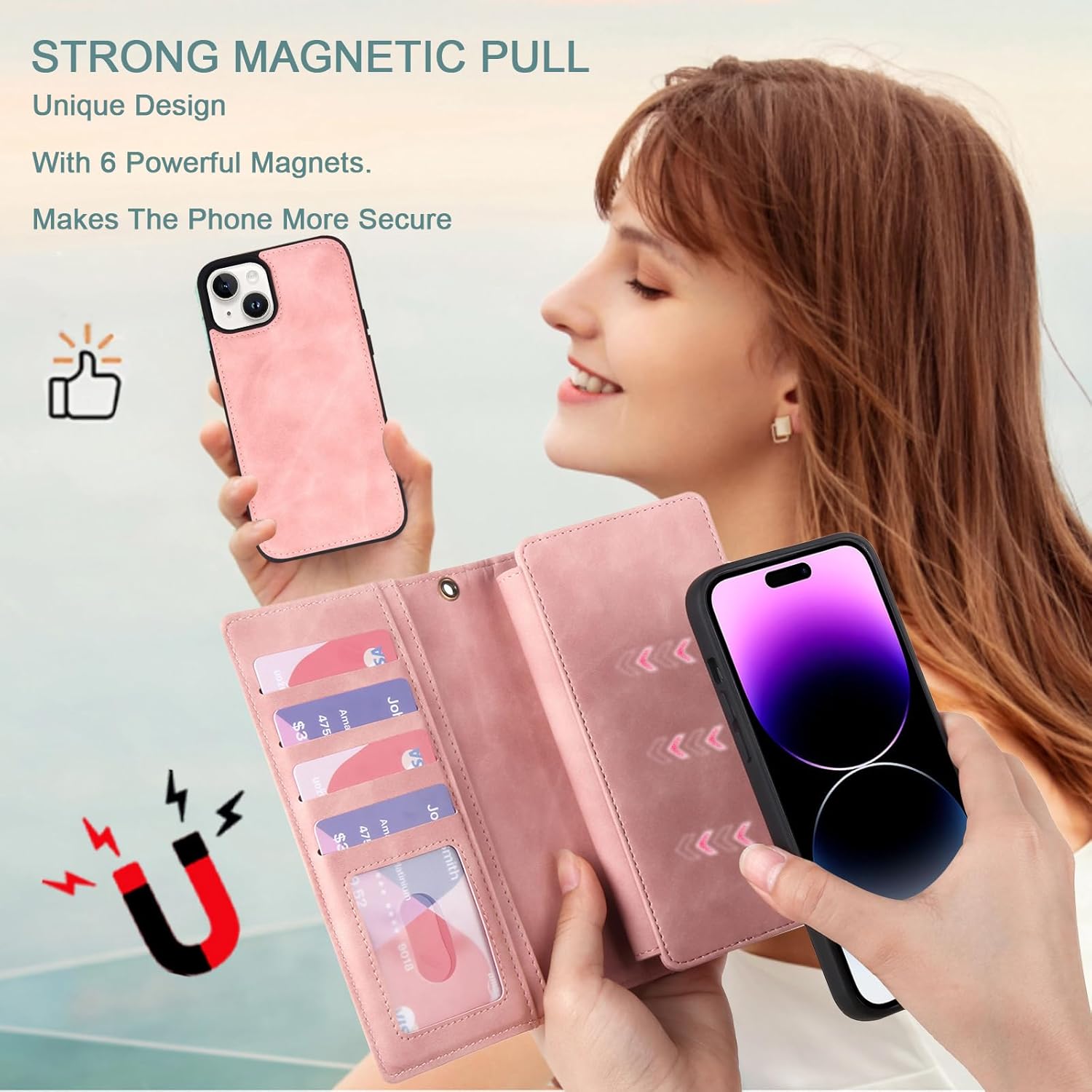 TwoHead Wallet Case Compatible with iPhone 15 Plus,Detachable Magnetic Phone Case,All-Round Shockproof Protective Leather Phone Case with Card Holder,6.7 in,Pink - Image 2