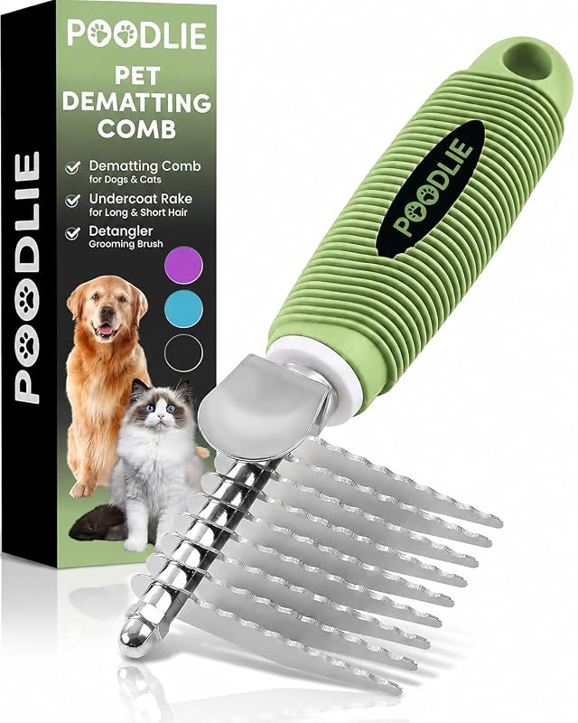 Pente Desembaraçador para Cães e Gatos POODLIE com Lâminas de Aço Inoxidável Verde – 1 unidade
