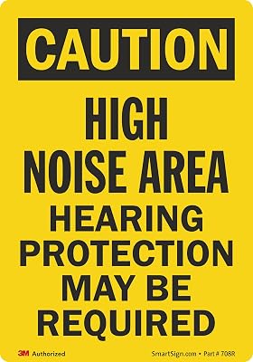 SmartSign 5 x 3.5 inch â€œCaution - High Noise Area, Hearing Protection May Be Requiredâ€ OSHA Label, 5.5 mil Laminated Vinyl, 3M Engineer Grade Reflective Material, Black and Yellow