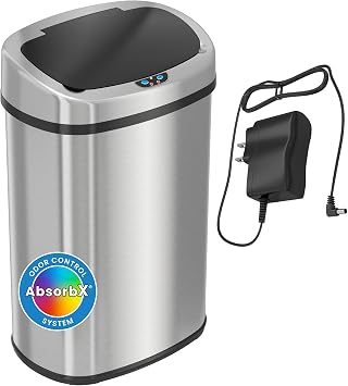 SensorCan 13 Gallon Automatic Touchless Sensor Kitchen Trash Can with Odor Filter and AC Adapter, Stainless Steel Garbage Recycle Bin, Oval Shape, Slim and Space Saving for Home, Office, Business