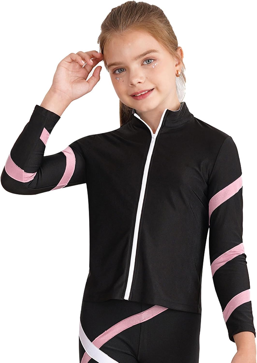 Kids Girls Contrast Color Stripe Athletic Tracksuit Zipper Long Sleeve Sweatshirt and Rhinestones Tights Set