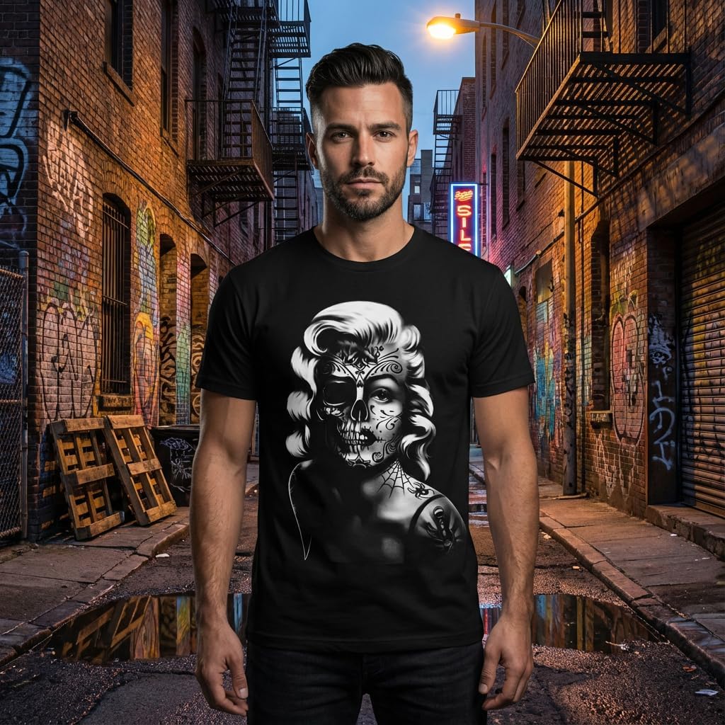 Blonde Bombshell Sugar Skull Tee Hollywood Day of The Dead Rockabilly Style Shirt
