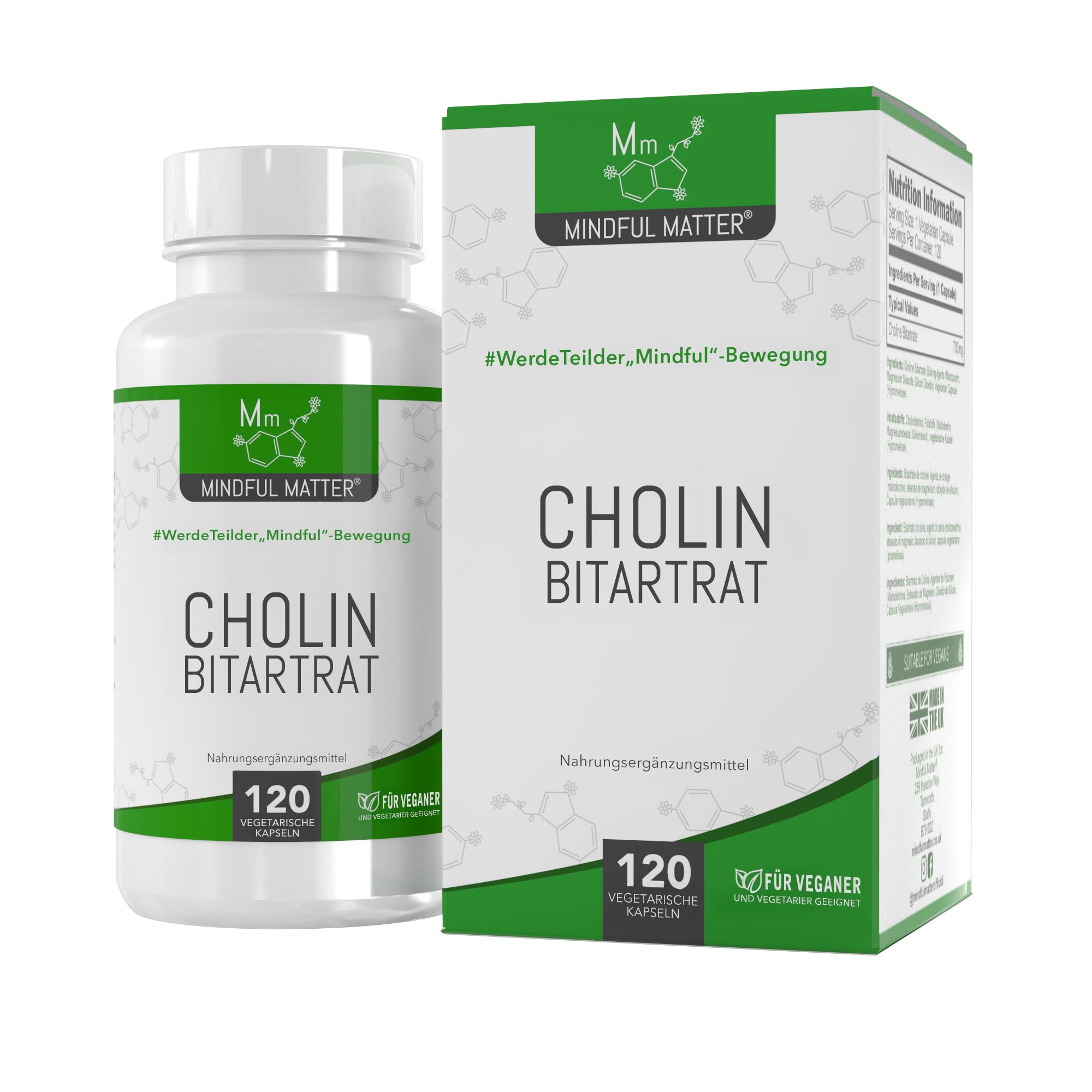 MM Cholin | 120 Vegane Kapseln Choline Hochdosiert | 700mg Extrakt pro Portion - Cholin-Bitartrat Choline Supplement | Gentechnik-, Gluten-, & Allergenfrei | Hergestellt in Großbritannien