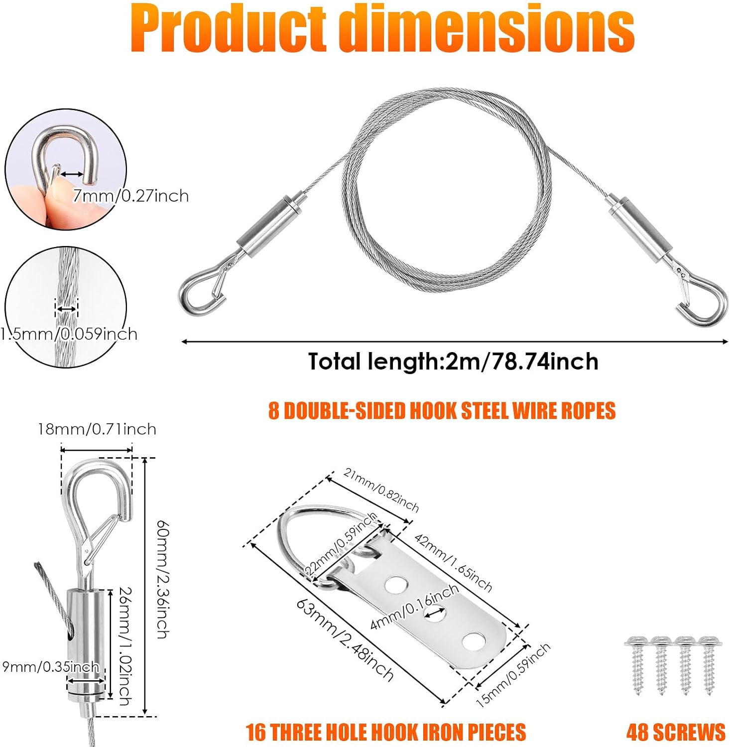 8 Pack Picture Hanging Wire Kit Includes 8 Pcs 6.56 FT Adjustable Wires 16Pcs 3 Hole D Rings and 48 Screws Heavy Duty Picture Hanging Wire Set for Canvas Paintings Mirrors Frames