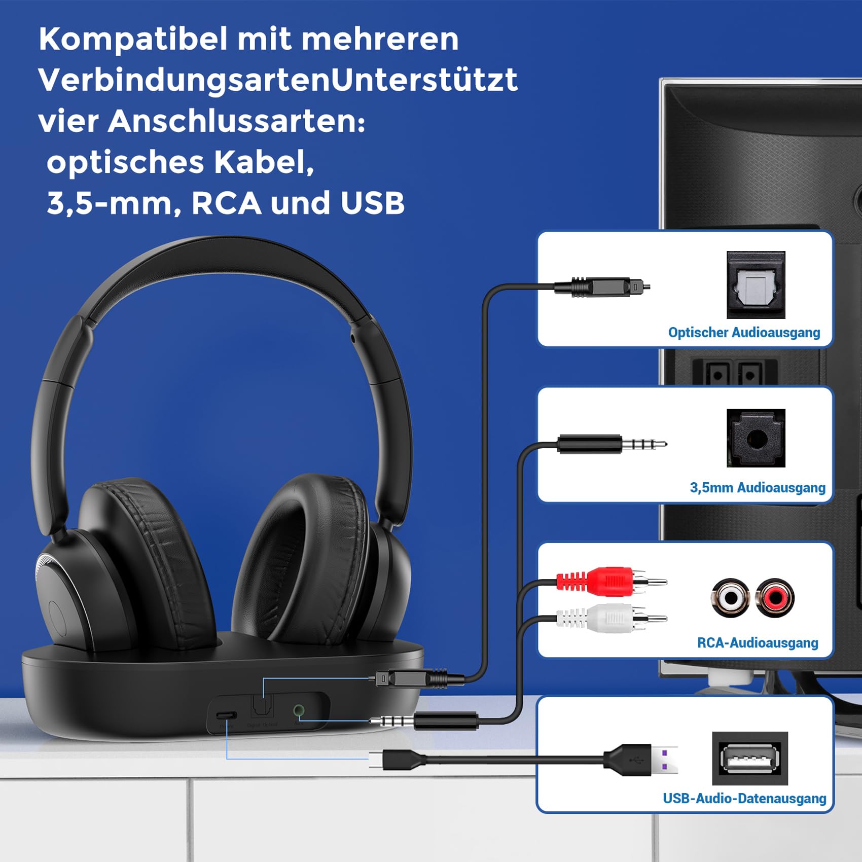 Kabellose TV-Kopfhörer für Senioren – Hohe Lautstärke, Kein Audio-Verzögerung (Plug & Play) – Kompatibel mit Optisch/AUX/RCA/USB – Inkl. Senioren-Ladestation, Schwarz