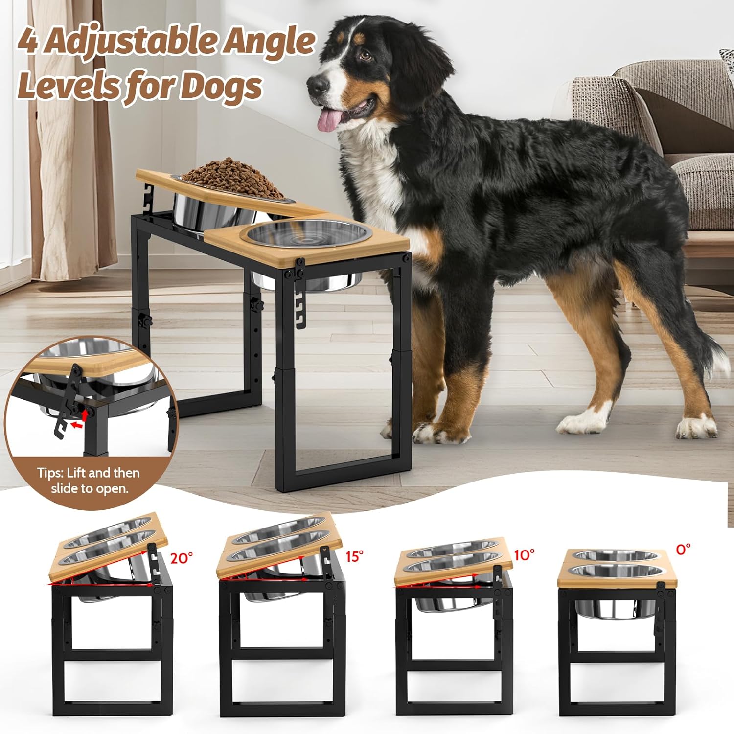 Dog Bowls Elevated, 4 Height (9.6" to15) & Angle (0-20°) Adjustable Raised Dog Bowl Stand, Elevated Dogs Bowl for Medium to Large Sized, Bamboo Feeding Station with 2X 10cups Stainless Steel Dishes