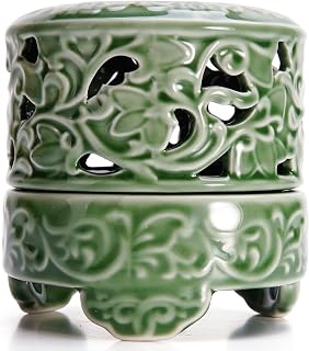 Incense Burner with Lid, Ceramic Incense Holder for Stick Cones & Coils Incense with Burn Cotton for Home, Office, Yoga, Green Lotus
