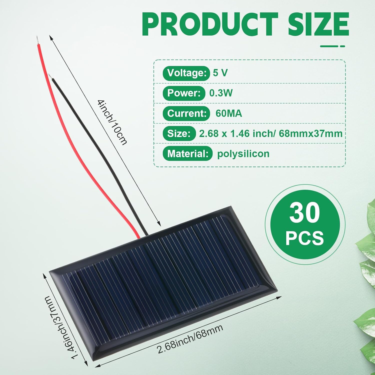 Retisee 30 Pcs Small Solar Panels Mini Polycrystalline Solar Cells 5v 60ma Epoxy Plate Photovoltaic Cells Charger Module with 10 cm Cable for Battery Charger DIY System 68 x 37 mm
