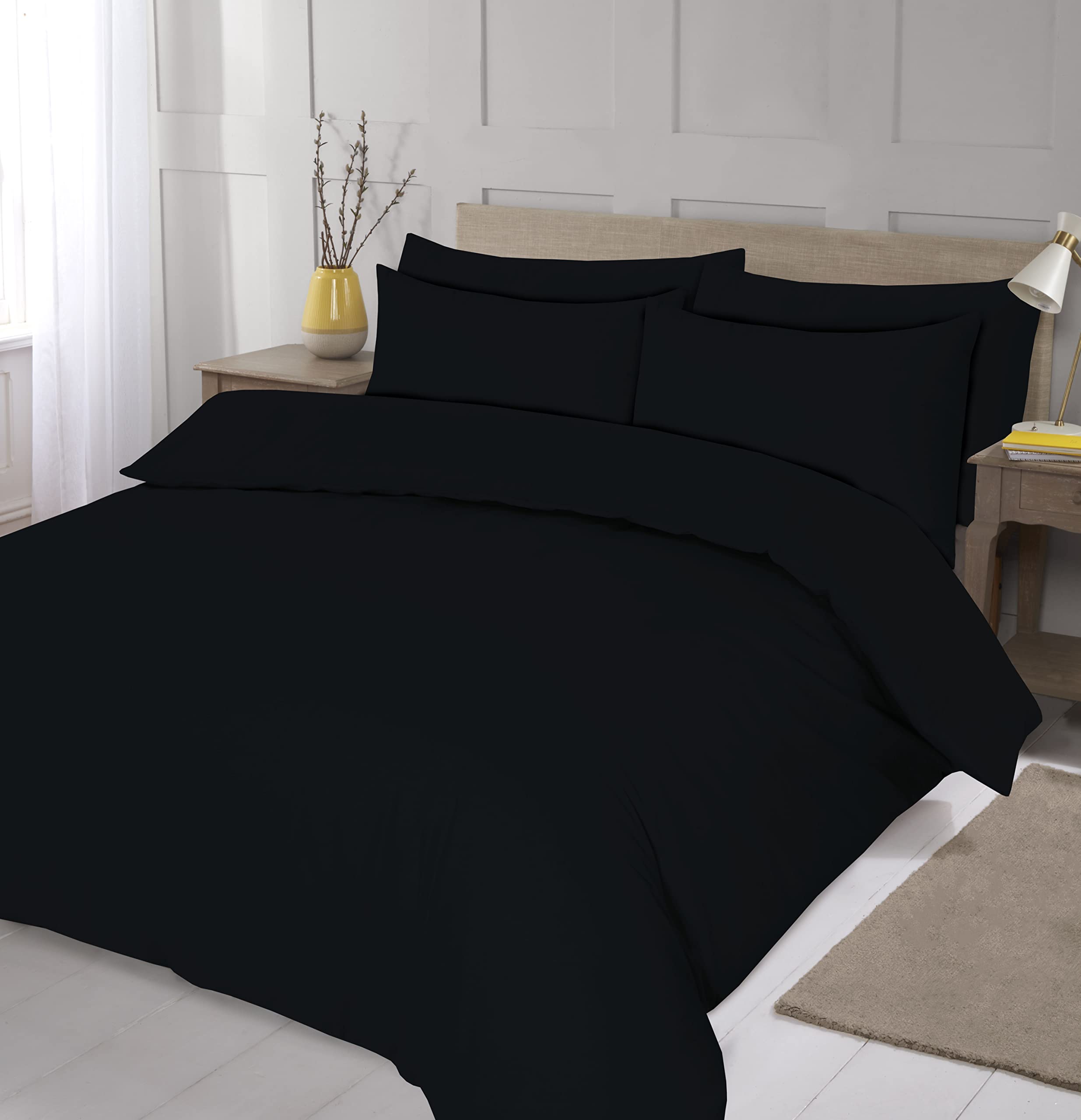 Home Living NON IRON Luxury Easycare Plain Dyed Duvet Cover & Pillow Case(s) Bedding Set (Black, Single) — image 1