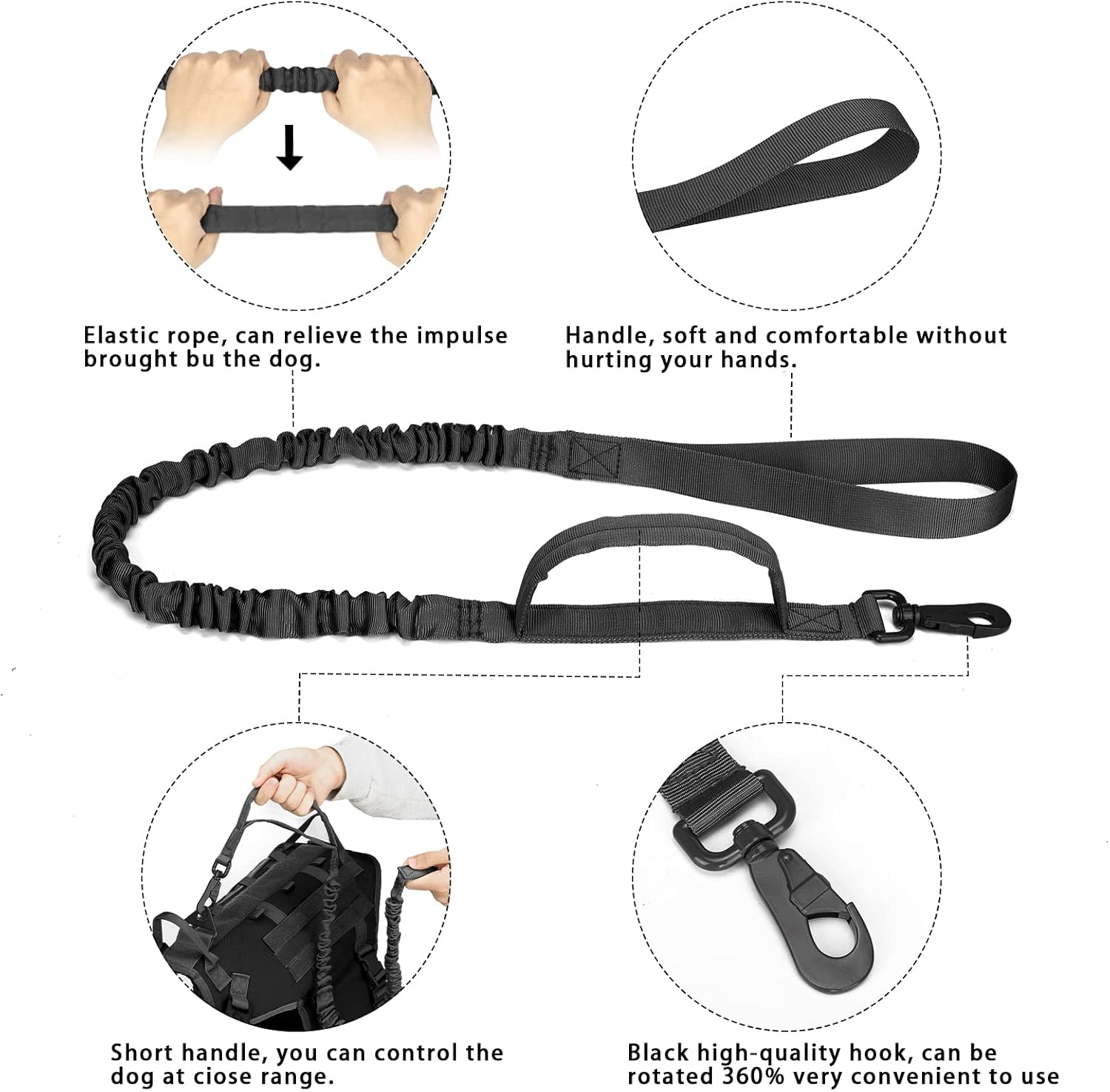 Tactical Dog Vest Harness and Training Dog Collar with Bungee Dog Leash Set No Pull Military Dog Harness with 2 Detachable and 1 Water Bottle Pouches for Outdoor Training Service, Black L