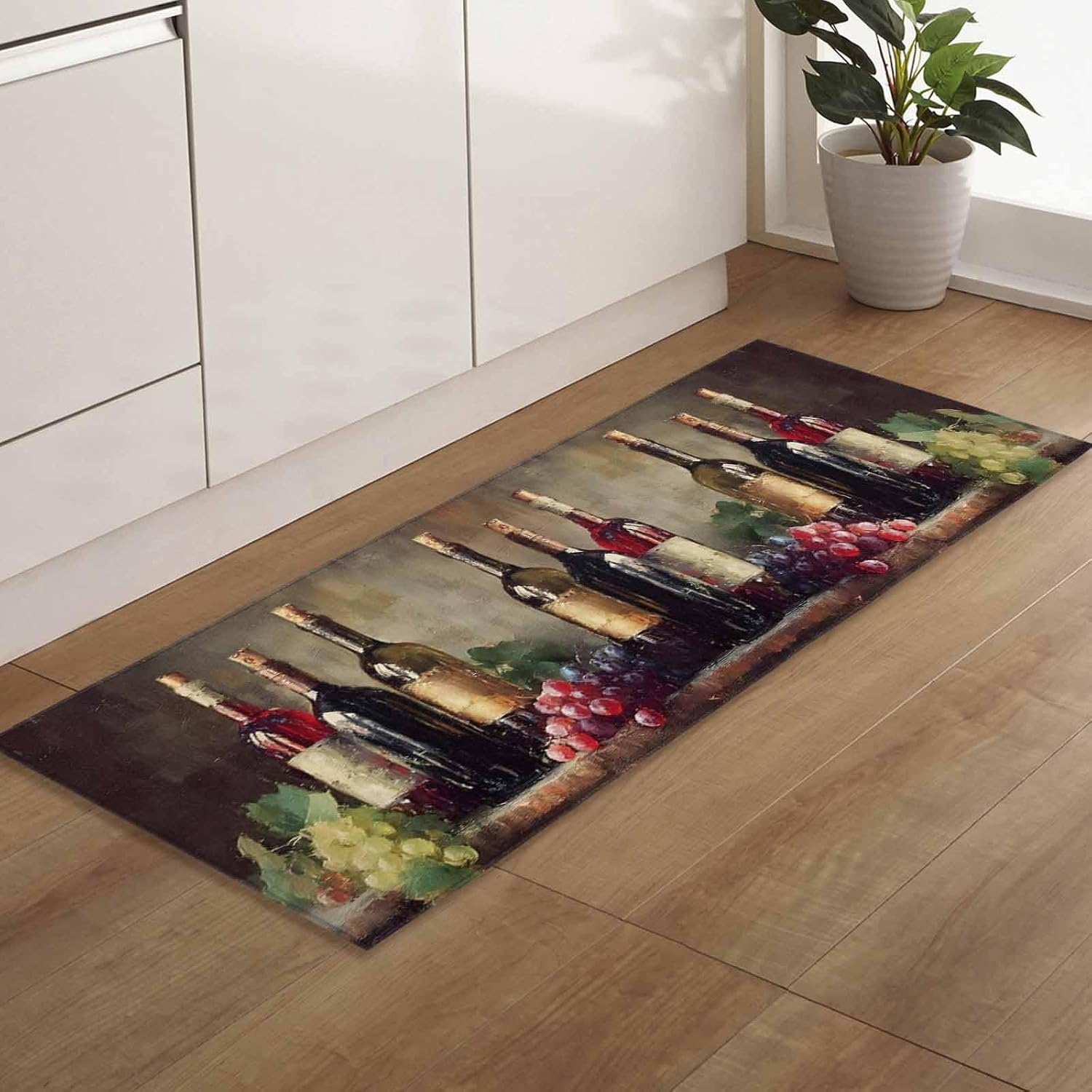 Teamery Kitchen Mats for Floor Pastoral Grape Leaves Wine Washable Non Slip Kitchen Rugs 1PCS, Retro Wood Board Absorbent Standing Mats for Sink Bathroom Office Living Room 23.6x70.9in