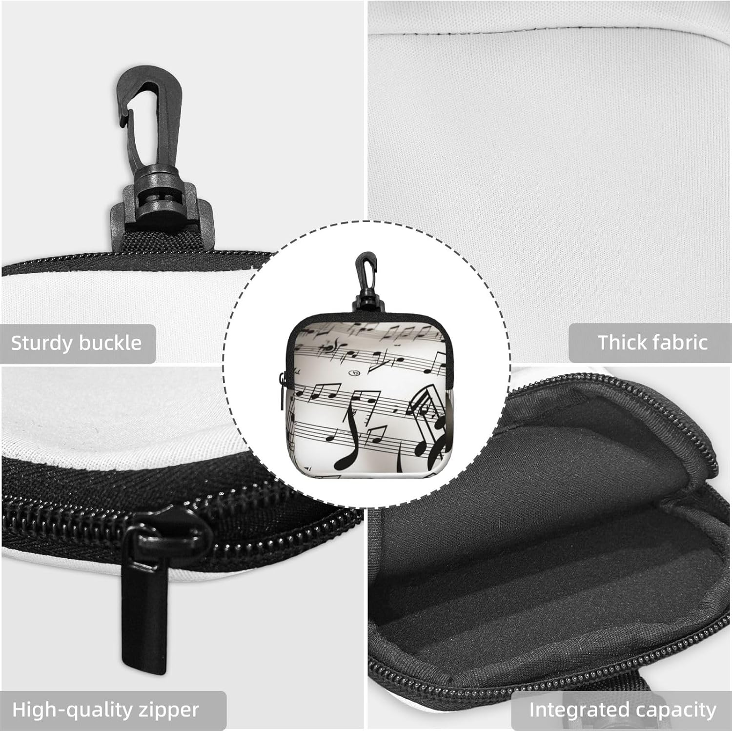 Mini Pouch with Carabiner, Neoprene Travel Makeup Bag with Zipper Tool Storage Pouch Music Notes Print Coin Purse Portable Earbud Case Waterproof Card Holder Wallet for Women Men image 5