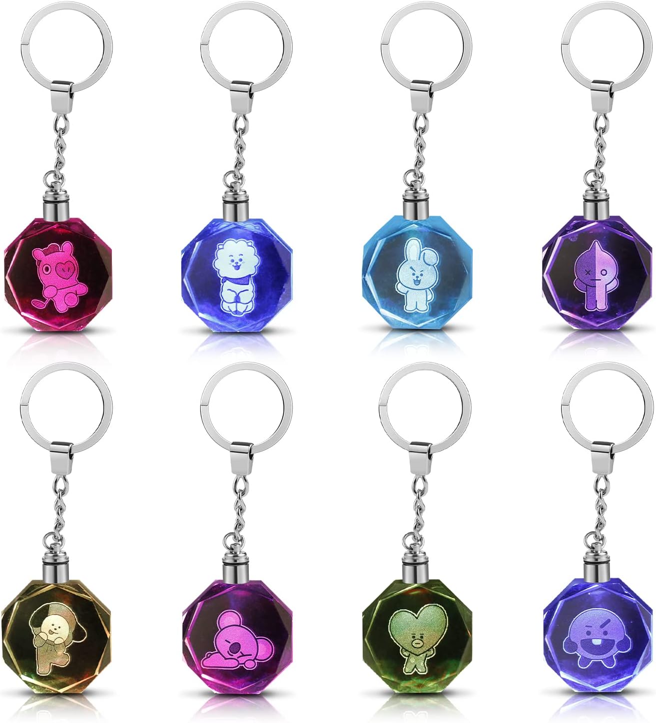 8pcs Kpop Bangtan Boys Bts Keychain Set-Rj Chimmy Cooky Shooky Mang Koya Tata Van Luminous Crystal Pendant Key Chain, Lkr-bts 8 Style, NAA