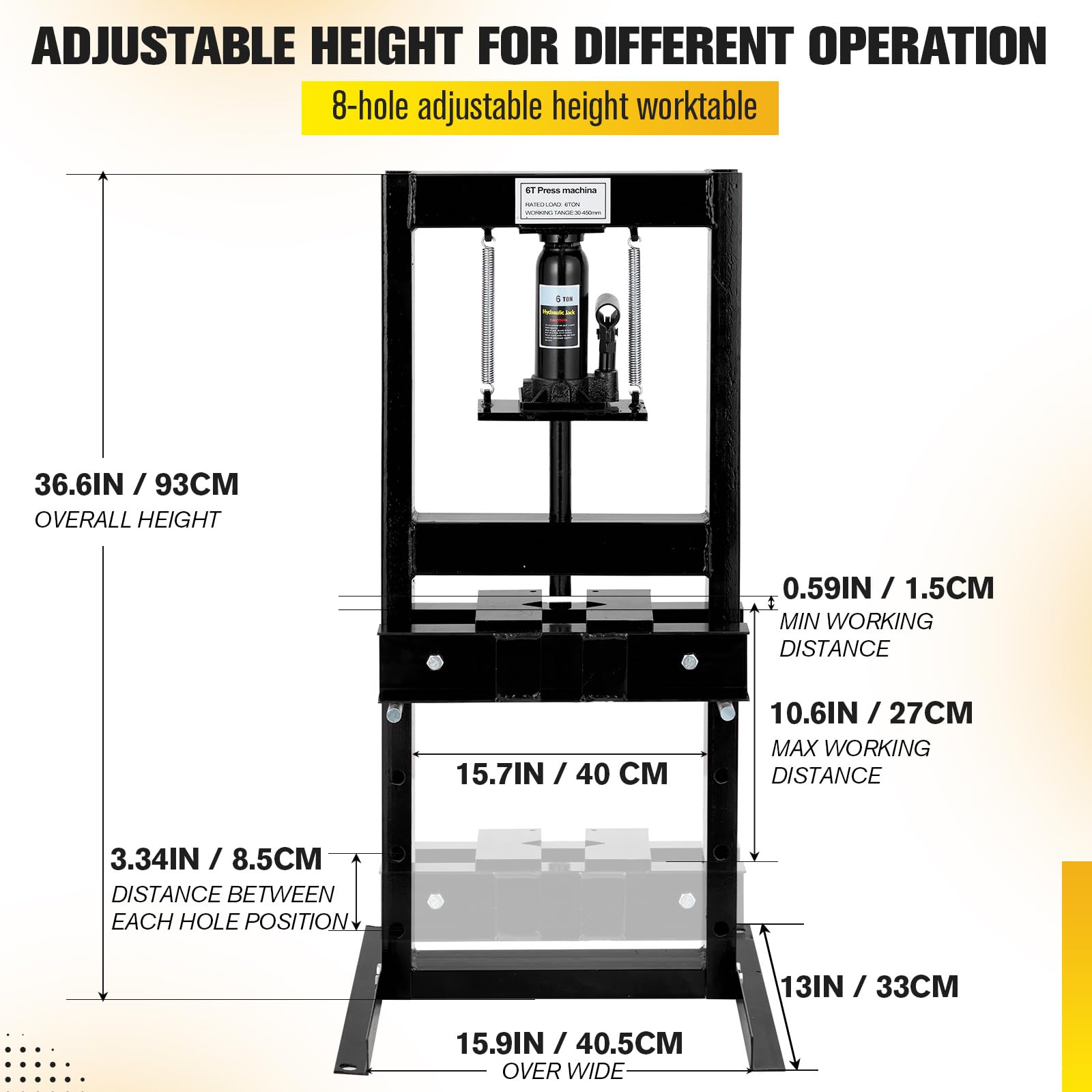Prensa de taller hidráulica, prensa hidráulica de 6T de acero, prensa de bastidor con ancho de trabajo de 33 cm, altura de trabajo ajustable de 1,5-27 cm, prensa de rodamientos para prensado