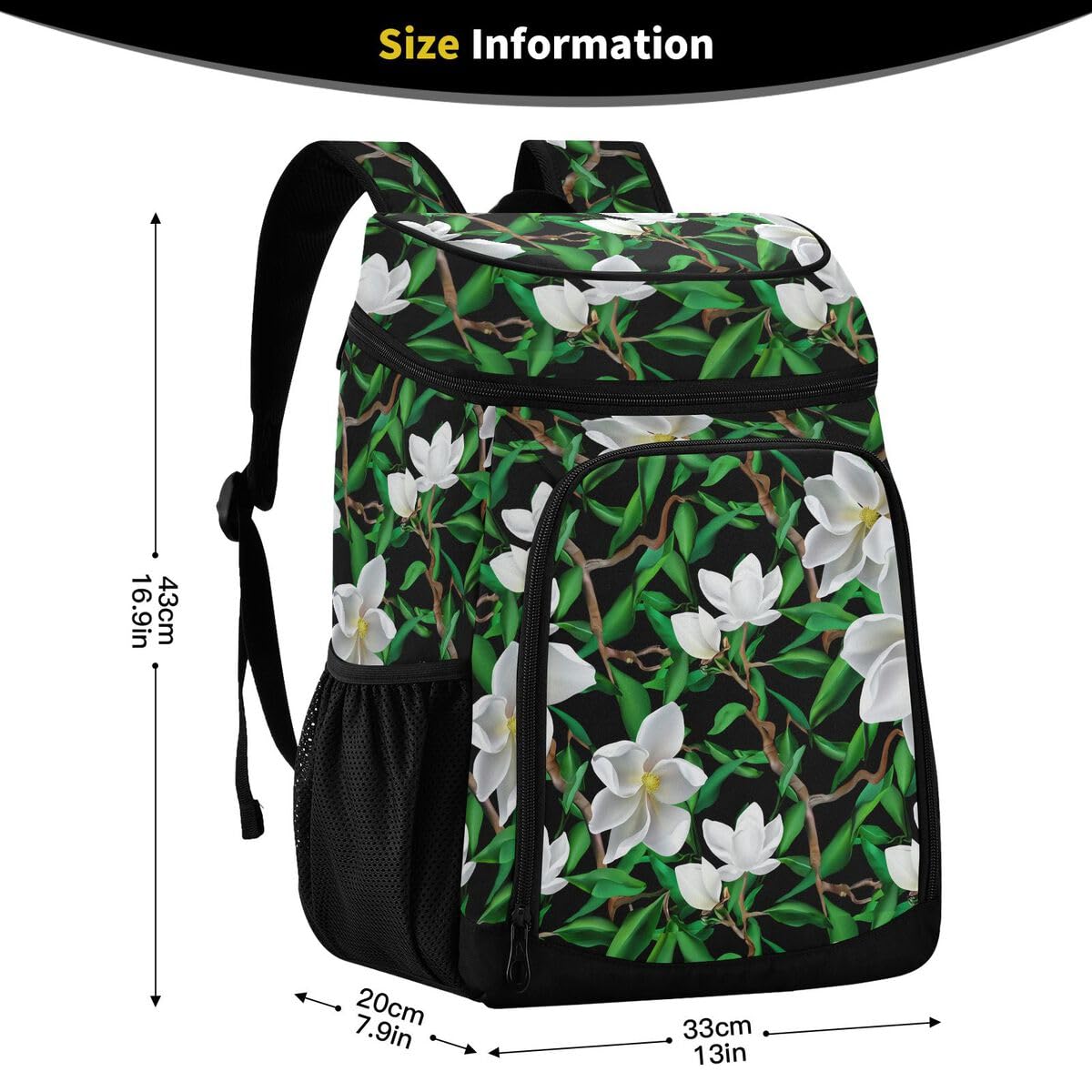 Flower Leaves Black Cooler Backpack Leakproof Insulated Lunch Cooler Bag 30 Cans Camping Backpacks for Road Trip Picnic Beach