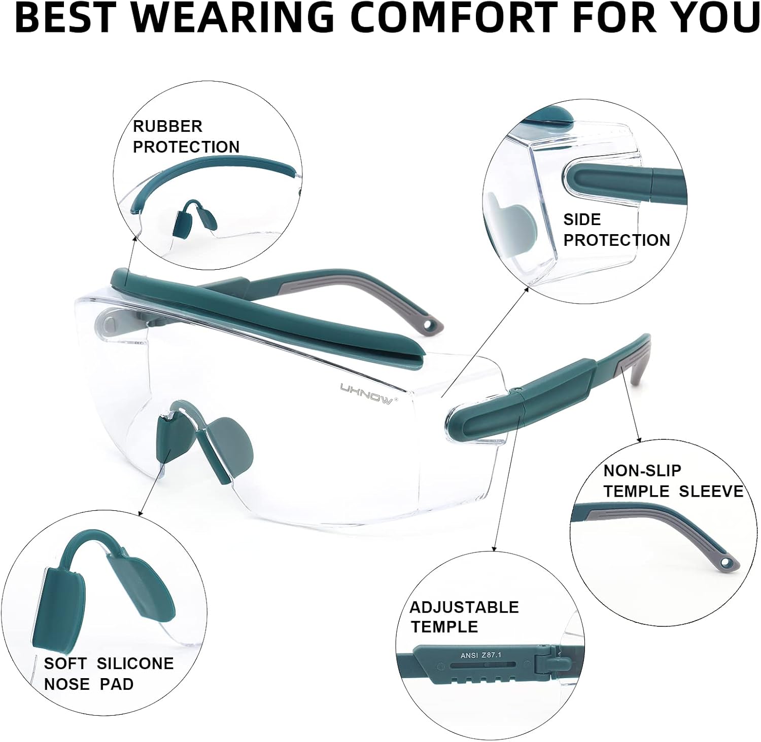 UKNOW Safety Goggles Over Glasses, Anti Fog Safety Glasses with Clear Wraparound Lens, ANSI Z87.1 Protective Eyewear - Image 5