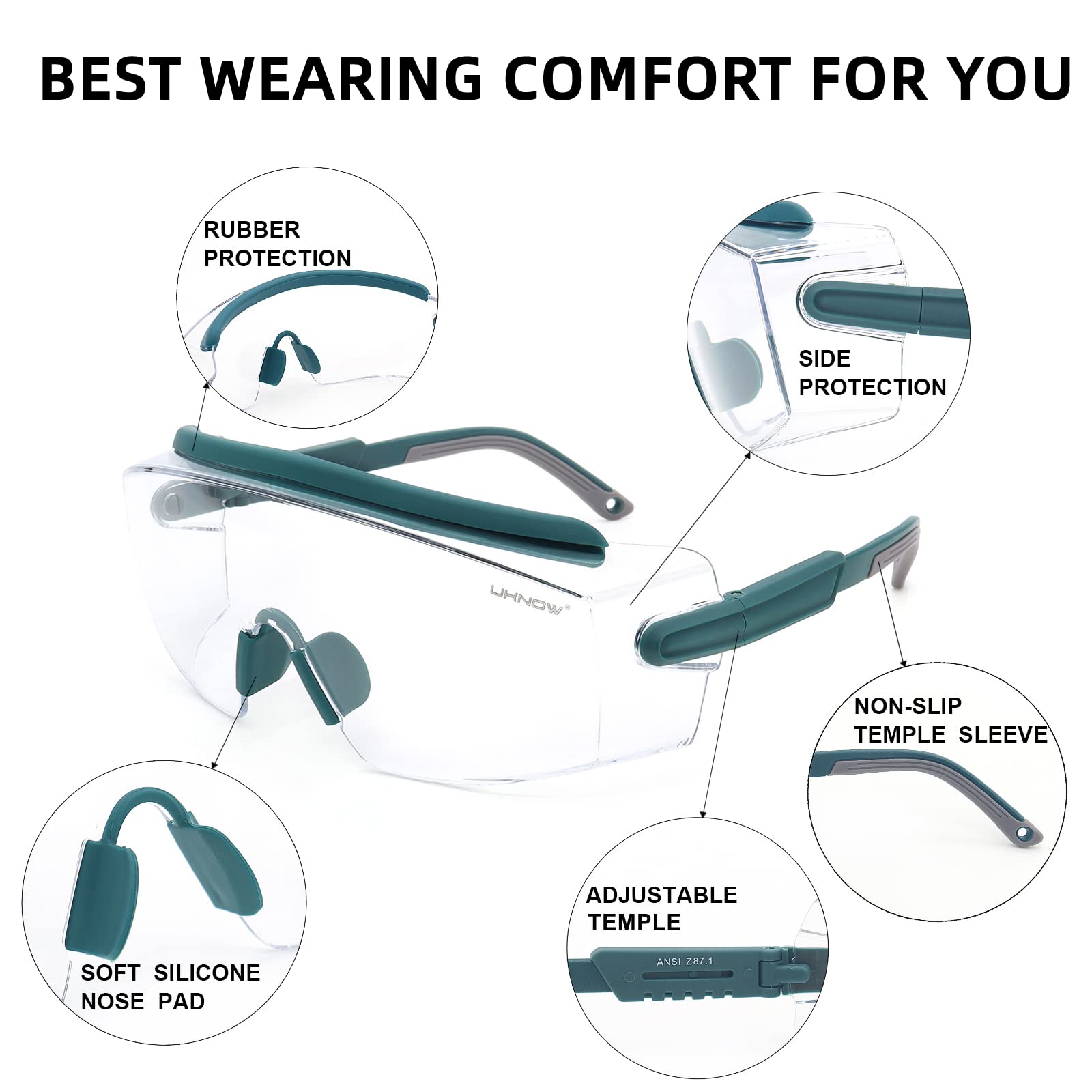 UKNOW Gafas de seguridad sobre gafas, gafas de seguridad antivaho con lente envolvente transparente, gafas protectoras ANSI Z87.1