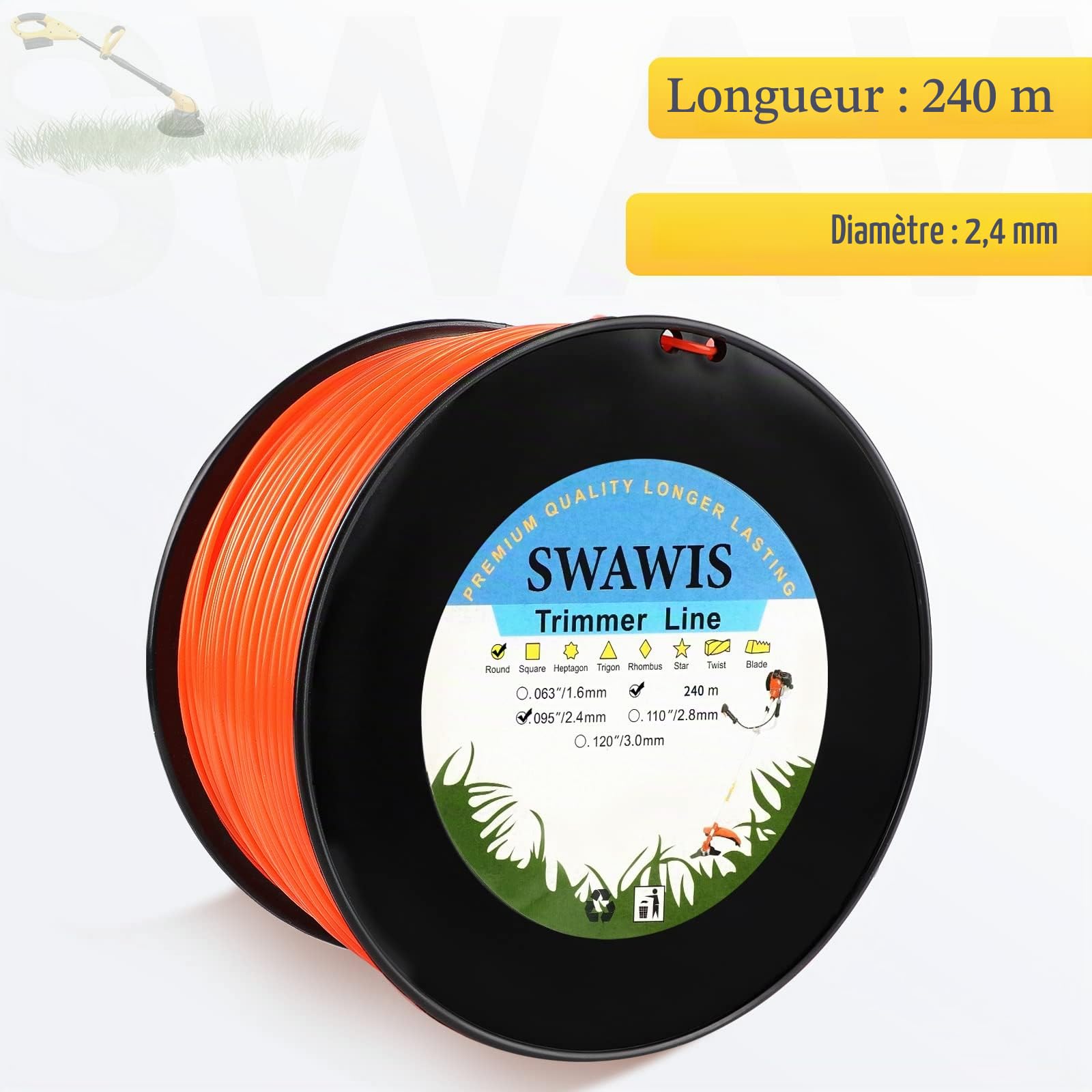 SWAWIS Fil de Coupe Nylon Rond 2,4mm/240M Bobine de Tondeuse Trimmer Line de Rechange pour Jardin de Mauvaises Herbes Fil pour débroussailleuse, Rouge Orangé